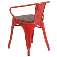 Red Metal Chair with Wood Seat and Arms