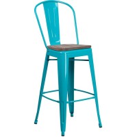 30 High Crystal Teal-Blue Metal Barstool with Back and Wood Seat