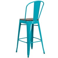 30 High Crystal Teal-Blue Metal Barstool with Back and Wood Seat