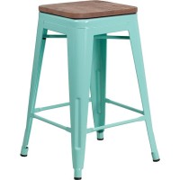 24 High Backless Mint Green Counter Height Stool with Square Wood Seat