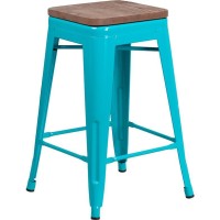 24 High Backless Crystal Teal-Blue Counter Height Stool with Square Wood Seat