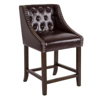 Carmel Series 24 High Transitional Tufted Walnut Counter Height Stool with Accent Nail Trim in Brown LeatherSoft