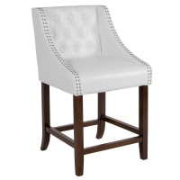 Carmel Series 24 High Transitional Tufted Walnut Counter Height Stool with Accent Nail Trim in White LeatherSoft