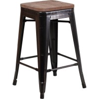 24 High Backless Black-Antique Gold Metal Counter Height Stool with Square Wood Seat