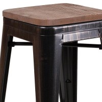 24 High Backless Black-Antique Gold Metal Counter Height Stool with Square Wood Seat
