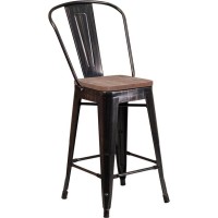 24 High Black-Antique Gold Metal Counter Height Stool with Back and Wood Seat