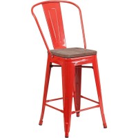 24 High Red Metal Counter Height Stool with Back and Wood Seat