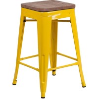 24 High Backless Yellow Metal Counter Height Stool with Square Wood Seat