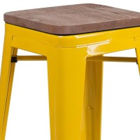 24 High Backless Yellow Metal Counter Height Stool with Square Wood Seat