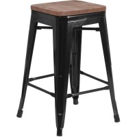 24 High Backless Black Metal Counter Height Stool with Square Wood Seat