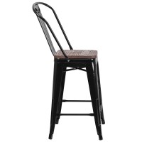 24 High Black Metal Counter Height Stool with Back and Wood Seat