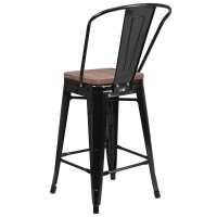 24 High Black Metal Counter Height Stool with Back and Wood Seat