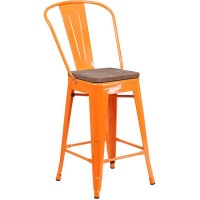 24 High Orange Metal Counter Height Stool with Back and Wood Seat