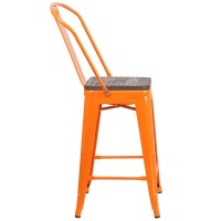 24 High Orange Metal Counter Height Stool with Back and Wood Seat