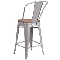 24 High Silver Metal Counter Height Stool with Back and Wood Seat
