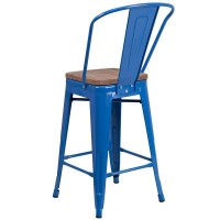 24 High Blue Metal Counter Height Stool with Back and Wood Seat