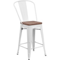 24 High White Metal Counter Height Stool with Back and Wood Seat