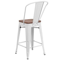 24 High White Metal Counter Height Stool with Back and Wood Seat
