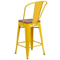 24 High Yellow Metal Counter Height Stool with Back and Wood Seat