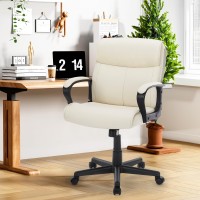 Sweetcrispy Executive Office Chair With Padded Armrests Adjustable Height 360Degree Swivel Lumbar Support Pu Leather Cream