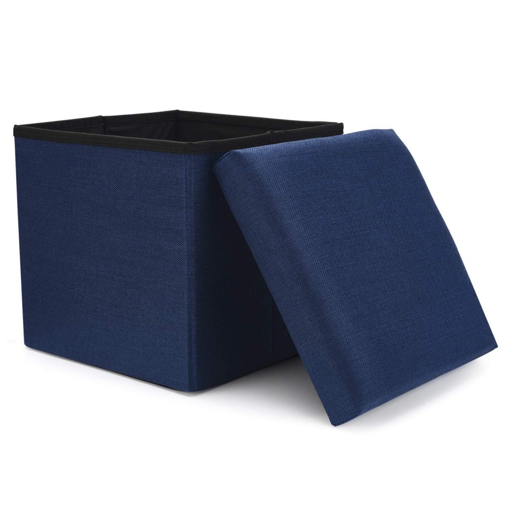 Wonenice Folding Storage Ottoman, Versatile Space-Saving Storage Cube Box With Memory Foam Seat, Max Load 100 Kg Linen Navy 12 X 12 X 12 Inch