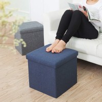 Wonenice Folding Storage Ottoman, Versatile Space-Saving Storage Cube Box With Memory Foam Seat, Max Load 100 Kg Linen Navy 12 X 12 X 12 Inch