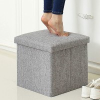 Wonenice Folding Storage Ottoman, Versatile Space-Saving Storage Cube Box With Memory Foam Seat, Max Load 100 Kg Linen Navy 12 X 12 X 12 Inch