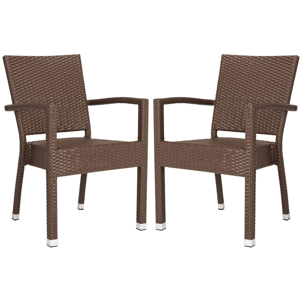 Safavieh Pat4004B-Set2 Outdoor Collection Kelda Brown Stacking Arm Chair