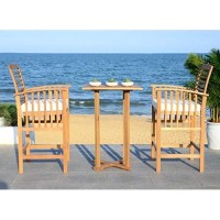 Safavieh Outdoor Collection Pate Natural/ White Cushions/ Navy Pillows 3-Piece Bar Table Bistro Set