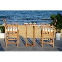 Safavieh Outdoor Collection Pate Natural/ White Cushions/ Navy Pillows 3-Piece Bar Table Bistro Set