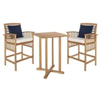 Safavieh Outdoor Collection Pate Natural/ White Cushions/ Navy Pillows 3-Piece Bar Table Bistro Set