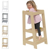 Stepup Baby Montessori Toddler Tower Kitchen Wooden Helper Step Stool, Adjustable Toddler Steps With Safety Rail - Varnished