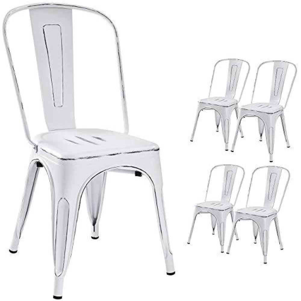 Devoko Metal Indoor-Outdoor Chairs Distressed Style Kitchen Dining Chairs Stackable Side Chairs With Back Set Of 4 (White)