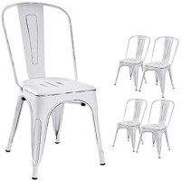 Devoko Metal Indoor-Outdoor Chairs Distressed Style Kitchen Dining Chairs Stackable Side Chairs With Back Set Of 4 (White)