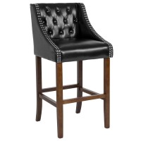 Carmel Series 30 High Transitional Tufted Walnut Barstool with Accent Nail Trim in Black LeatherSoft