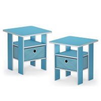 Furinno Andrey End Table Nightstand with Bin Drawer, Light Blue, Set of 2