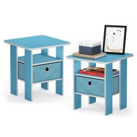 Furinno Andrey End Table Nightstand with Bin Drawer, Light Blue, Set of 2