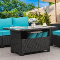 Outdoor Wicker Coffee Table Patio Furniture Garden Rattan 2-Layer Glass Table With Storage And Furniture Cover, Black