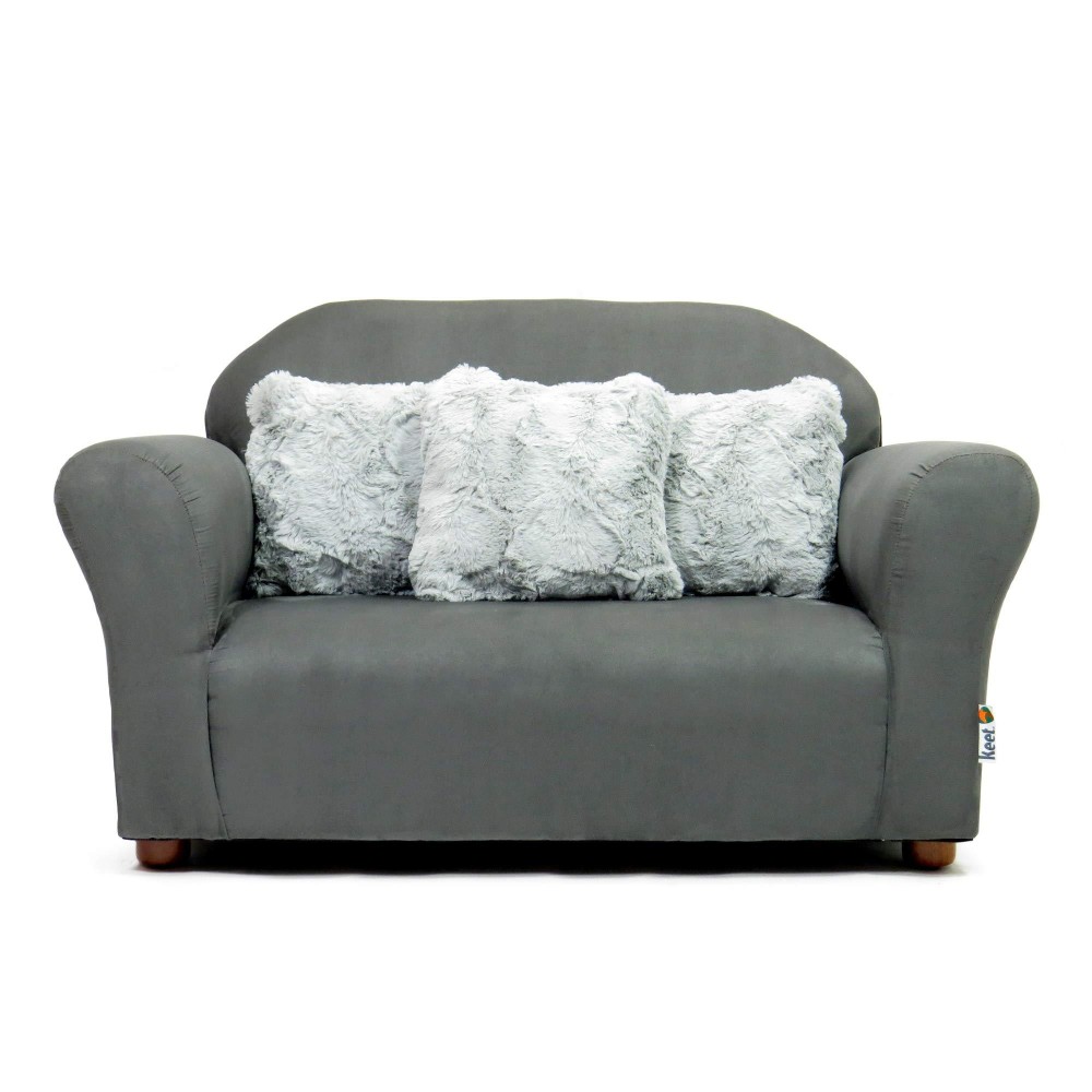 Keet Plush Childrens Sofa With Accent Pillows, Charcoal/Grey