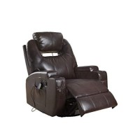 Homeroots Boned Leather Match, Pine 34 X 37 X 41 Brown Bonded Leather Match Swivel Rocker Recliner With Massage