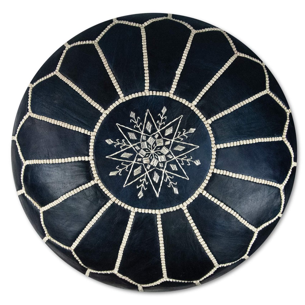 Premium Moroccan Leather Pouf - Handmade - Delivered Stuffed - Ottoman, Footstool, Floor Cushion (Denim Blue)