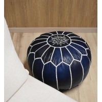 Premium Moroccan Leather Pouf - Handmade - Delivered Stuffed - Ottoman, Footstool, Floor Cushion (Denim Blue)