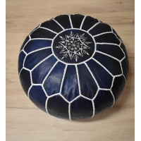 Premium Moroccan Leather Pouf - Handmade - Delivered Stuffed - Ottoman, Footstool, Floor Cushion (Denim Blue)