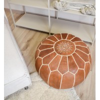 Premium Moroccan Leather Pouf - Handmade - Delivered Stuffed - Ottoman, Footstool, Floor Cushion (Natural)