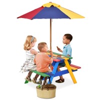 Honey Joy Kids Picnic Table, Toddler Outdoor Wooden Table & Bench Set With Umbrella, Children Patio Backyard Set, Kids Rectangular Table And Chair Set For Outdoors, Gift For Boys Girls Age 3+
