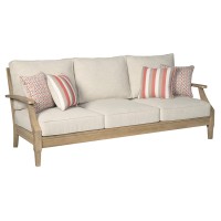 Signature Design By Ashley Clare View Coastal Outdoor Patio Eucalyptus Sofa With Cushions Beige