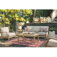 Signature Design By Ashley Clare View Coastal Outdoor Patio Eucalyptus Sofa With Cushions Beige