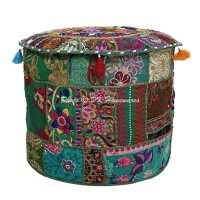 Dk Homewares Indian Vintage Patchwork Pouffe Floor Cushion Dark Green Round Foot Rest Living Room Cotton Embroidered Hassock Pouf Ottoman Cover Floral Traditional 22X22X14 - Cover Only