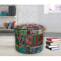 Dk Homewares Indian Vintage Patchwork Pouffe Floor Cushion Dark Green Round Foot Rest Living Room Cotton Embroidered Hassock Pouf Ottoman Cover Floral Traditional 22X22X14 - Cover Only