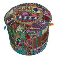 Dk Homewares Indian Vintage Patchwork Pouffe Floor Cushion Dark Green Round Foot Rest Living Room Cotton Embroidered Hassock Pouf Ottoman Cover Floral Traditional 22X22X14 - Cover Only